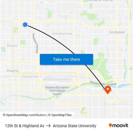 12th St & Highland Av to Arizona State University map