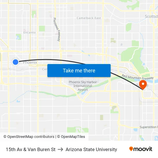 15th Av & Van Buren St to Arizona State University map