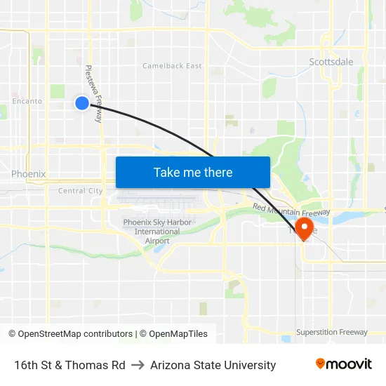 16th St & Thomas Rd to Arizona State University map