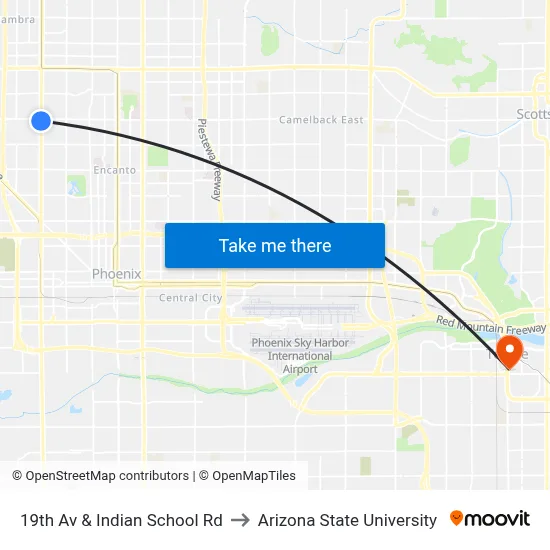 19th Av & Indian School Rd to Arizona State University map
