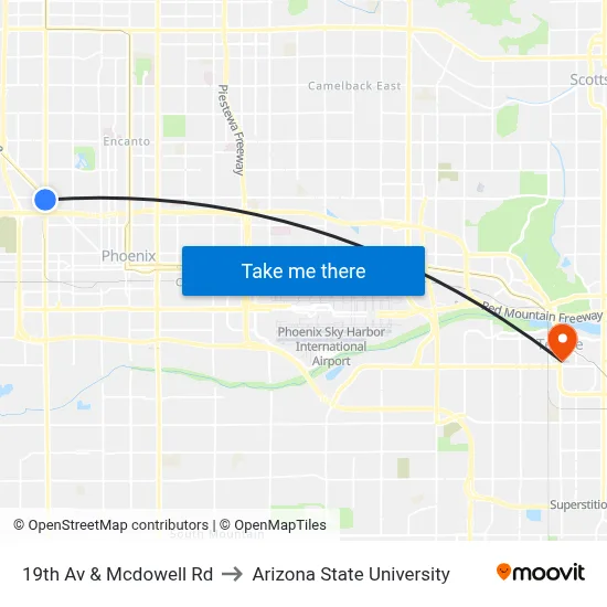 19th Av & Mcdowell Rd to Arizona State University map