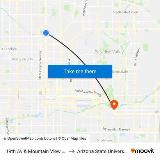 19th Av & Mountain View Rd to Arizona State University map