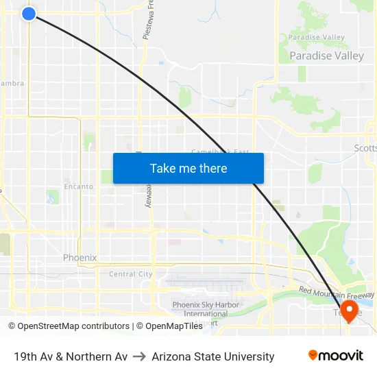 19th Av & Northern Av to Arizona State University map