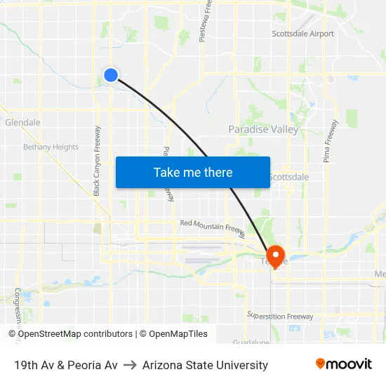19th Av & Peoria Av to Arizona State University map