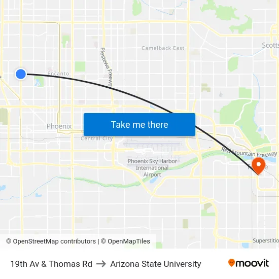 19th Av & Thomas Rd to Arizona State University map