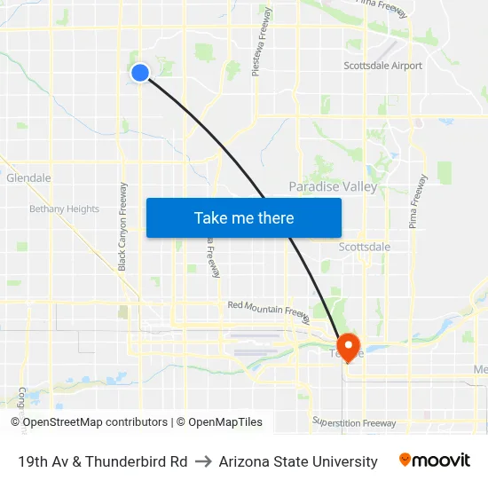 19th Av & Thunderbird Rd to Arizona State University map