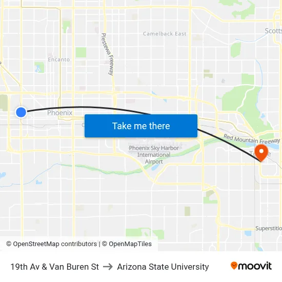 19th Av & Van Buren St to Arizona State University map