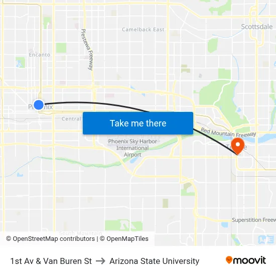 1st Av & Van Buren St to Arizona State University map