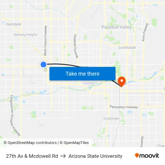 27th Av & Mcdowell Rd to Arizona State University map