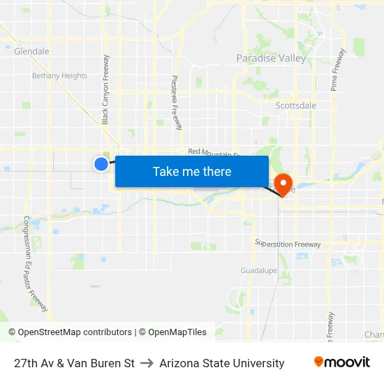 27th Av & Van Buren St to Arizona State University map