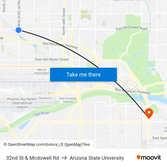 32nd St & Mcdowell Rd to Arizona State University map