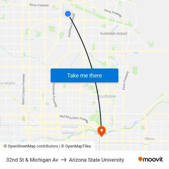 32nd St & Michigan Av to Arizona State University map