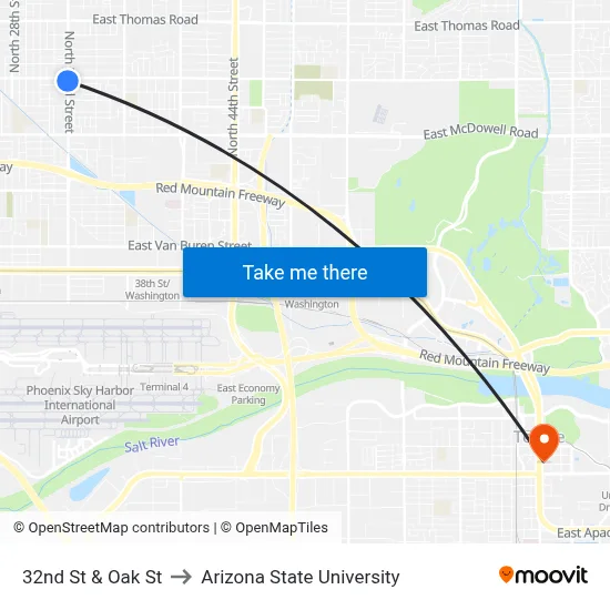 32nd St & Oak St to Arizona State University map