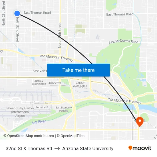 32nd St & Thomas Rd to Arizona State University map