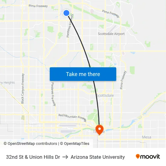 32nd St & Union Hills Dr to Arizona State University map