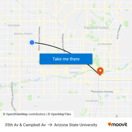 35th Av & Campbell Av to Arizona State University map