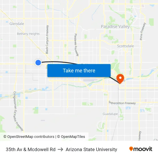 35th Av & Mcdowell Rd to Arizona State University map