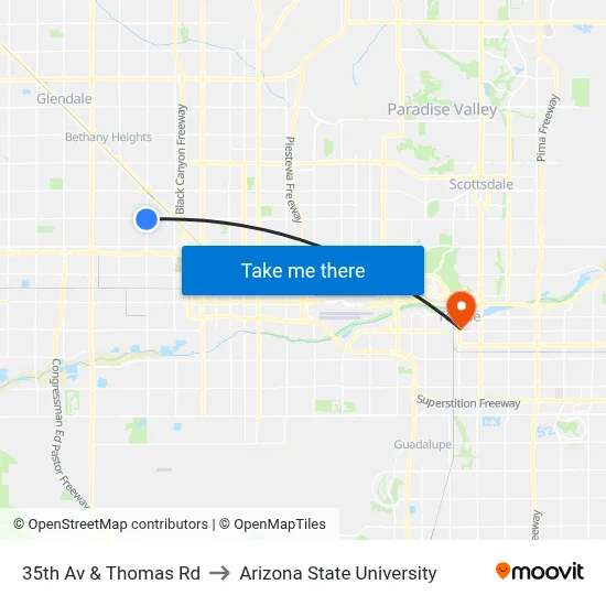 35th Av & Thomas Rd to Arizona State University map