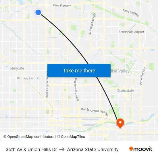 35th Av & Union Hills Dr to Arizona State University map