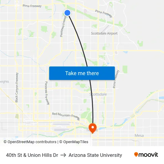 40th St & Union Hills Dr to Arizona State University map