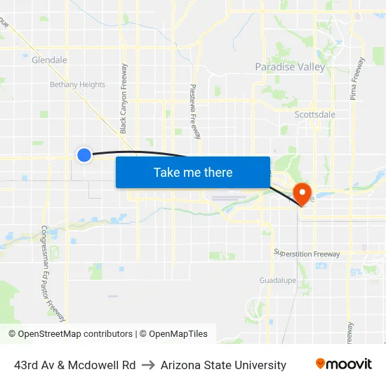43rd Av & Mcdowell Rd to Arizona State University map