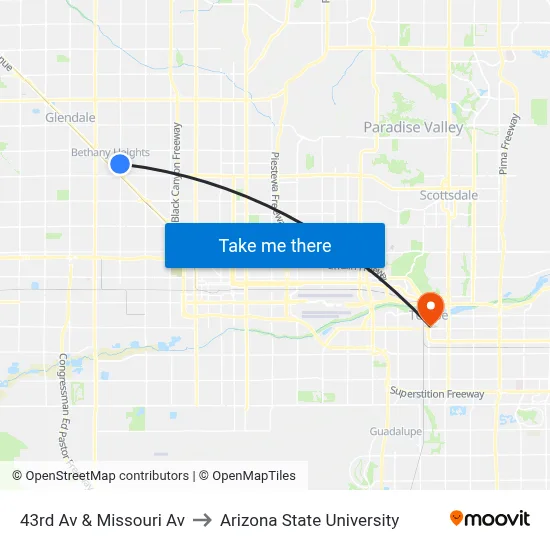43rd Av & Missouri Av to Arizona State University map