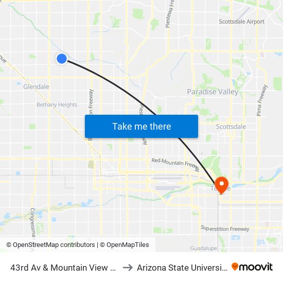 43rd Av & Mountain View Rd to Arizona State University map