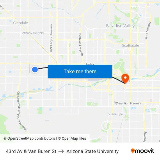 43rd Av & Van Buren St to Arizona State University map