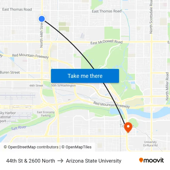 44th St & 2600 North to Arizona State University map