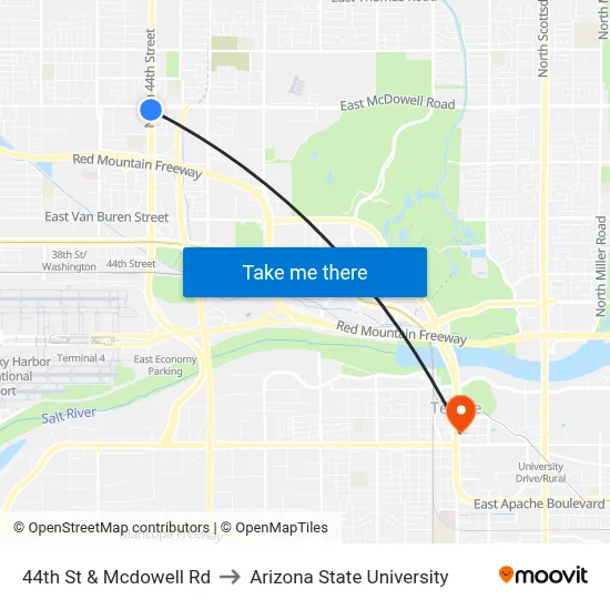 44th St & Mcdowell Rd to Arizona State University map
