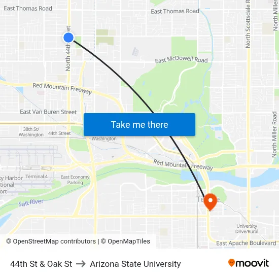 44th St & Oak St to Arizona State University map