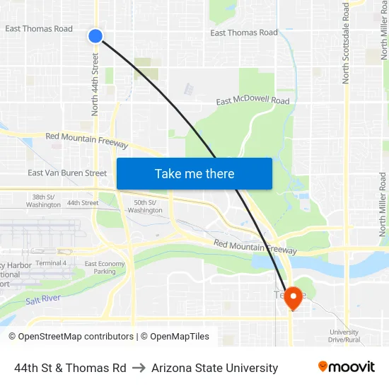 44th St & Thomas Rd to Arizona State University map