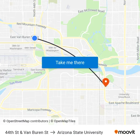 44th St & Van Buren St to Arizona State University map