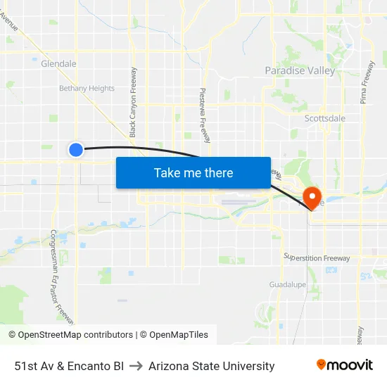 51st Av & Encanto Bl to Arizona State University map