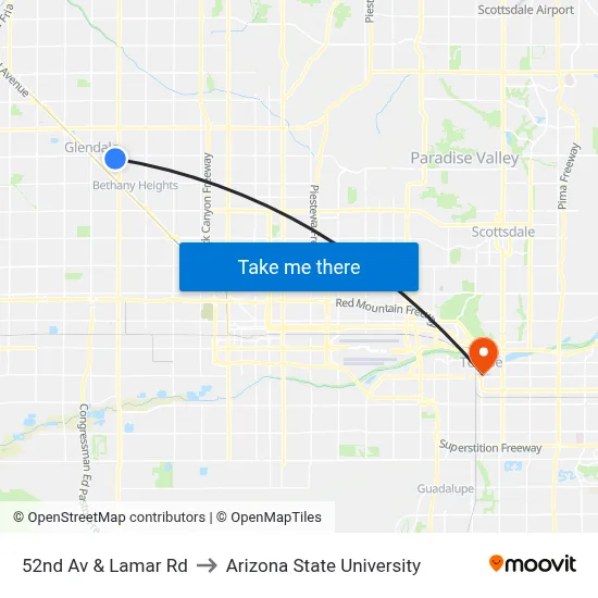 52nd Av & Lamar Rd to Arizona State University map