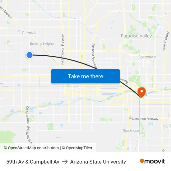 59th Av & Campbell Av to Arizona State University map