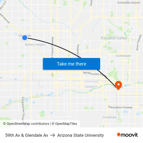 59th Av & Glendale Av to Arizona State University map
