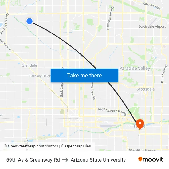 59th Av & Greenway Rd to Arizona State University map