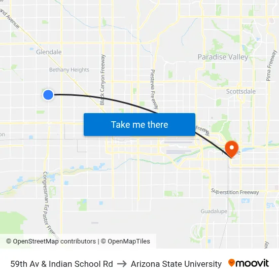 59th Av & Indian School Rd to Arizona State University map