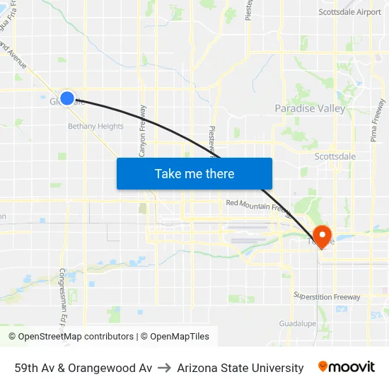 59th Av & Orangewood Av to Arizona State University map