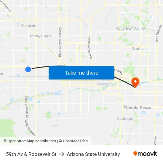 59th Av & Roosevelt St to Arizona State University map