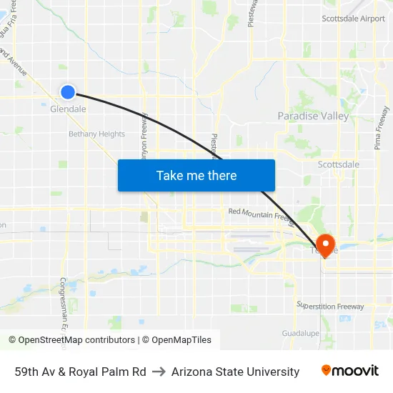 59th Av & Royal Palm Rd to Arizona State University map