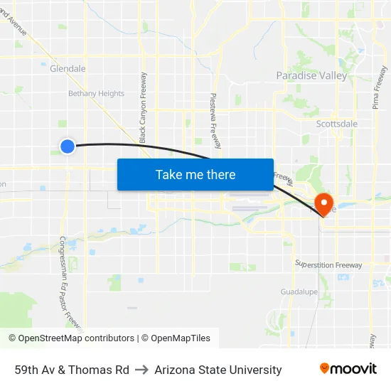 59th Av & Thomas Rd to Arizona State University map
