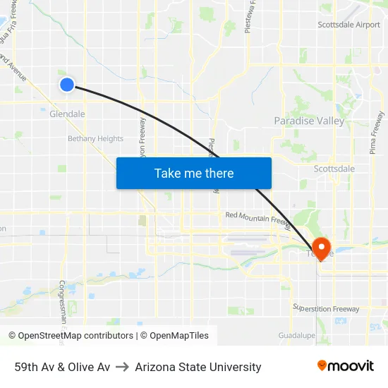 59th Av & Olive Av to Arizona State University map