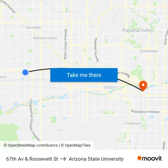 67th Av & Roosevelt St to Arizona State University map