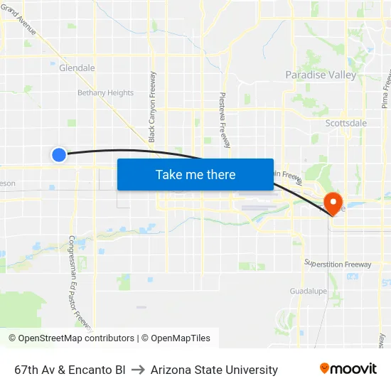 67th Av & Encanto Bl to Arizona State University map
