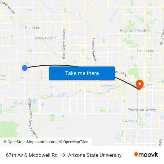 67th Av & Mcdowell Rd to Arizona State University map