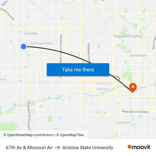 67th Av & Missouri Av to Arizona State University map