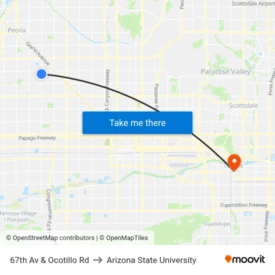 67th Av & Ocotillo Rd to Arizona State University map