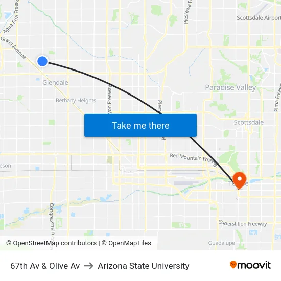 67th Av & Olive Av to Arizona State University map